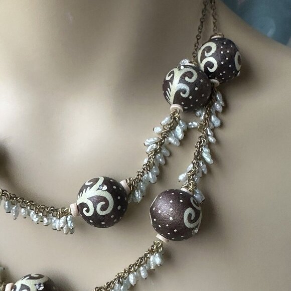 VTG Boho Chic Statement Necklace Beaded Rhinestones Mini Baroque Pearl 18" - Picture 5 of 9